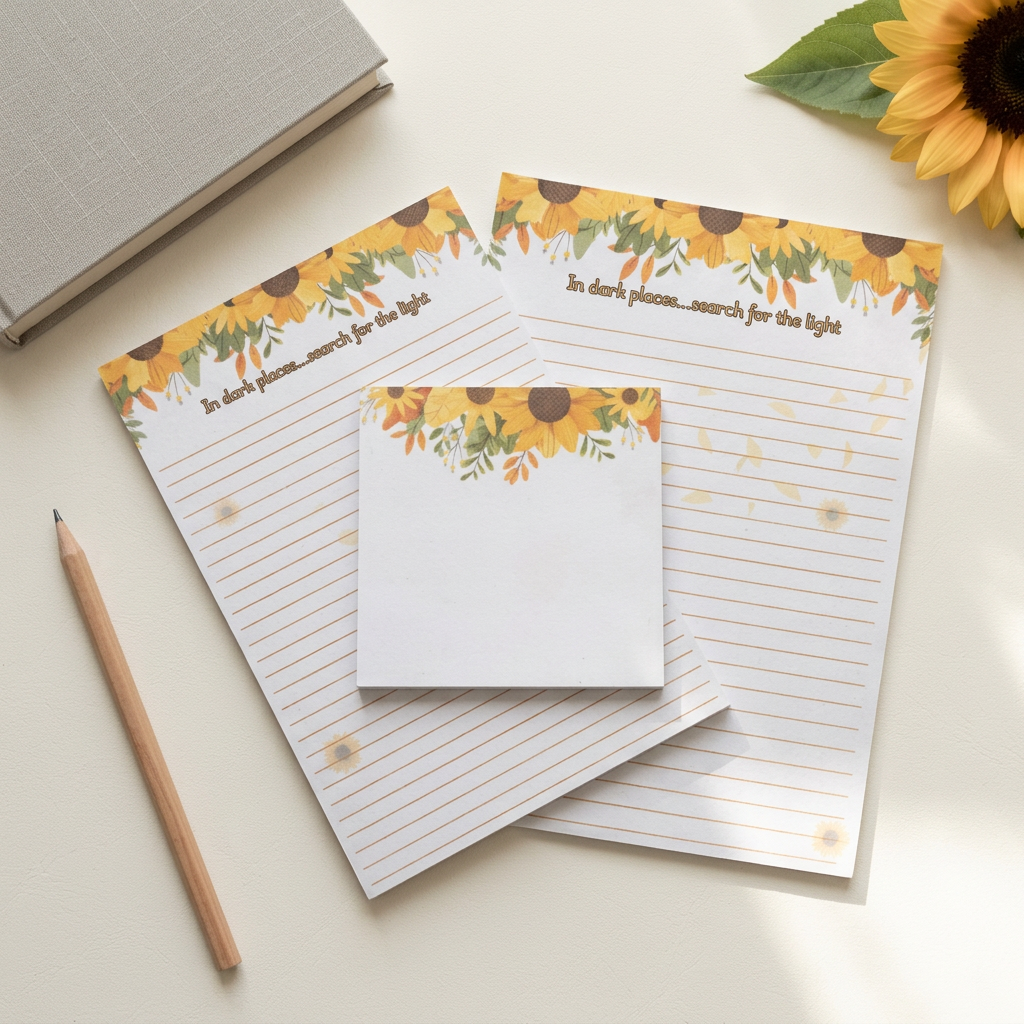 Sunflower stationery in a bright workspace flat lay