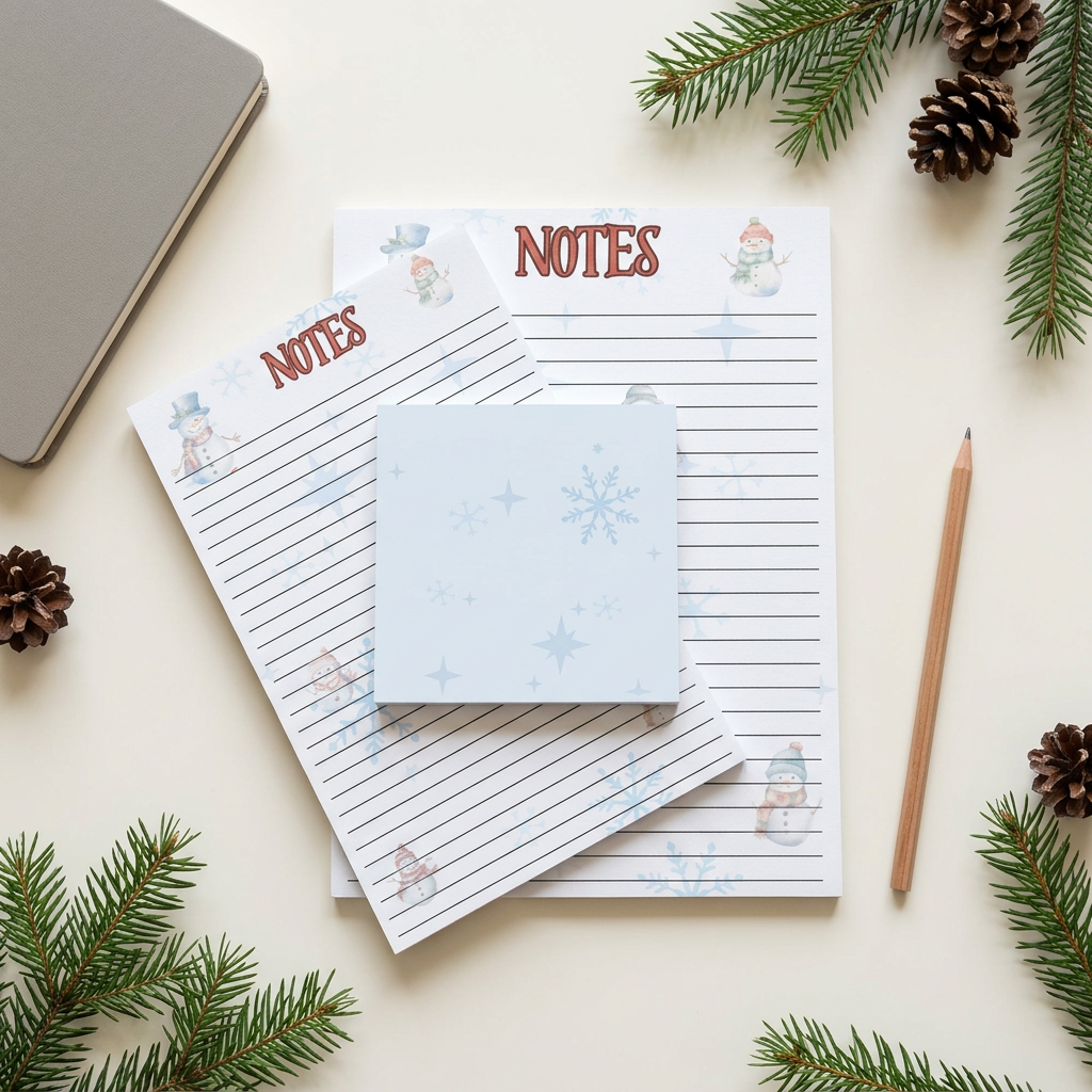 Snowman and snowflakes stationery in a festive workspace flat lay