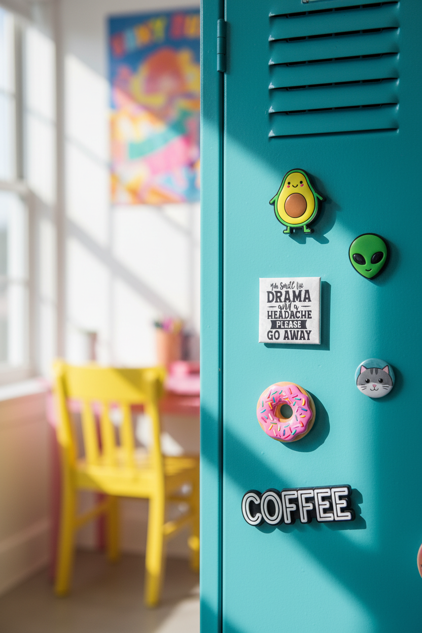 Drama magnet on a metal locker with other fun magnets