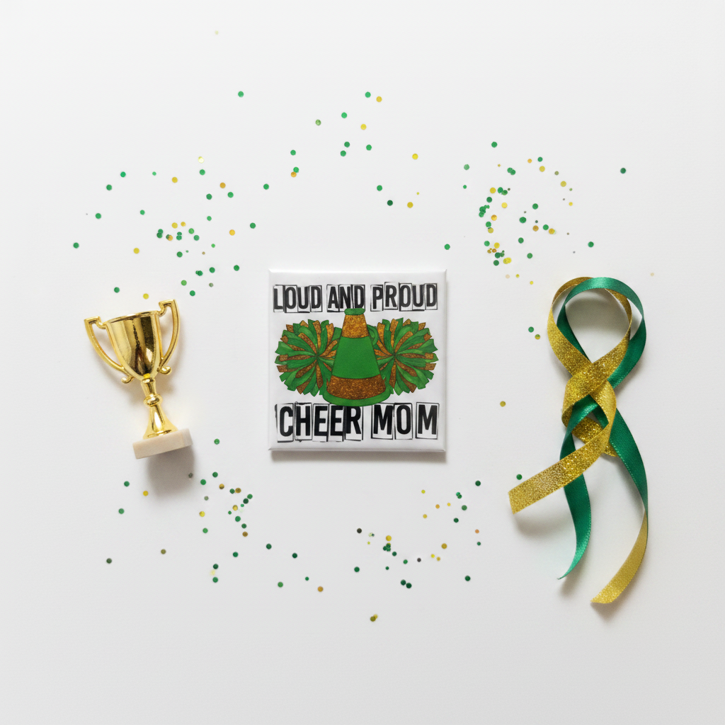 Loud and Proud Cheer Mom magnet flat lay with green and gold glitter, trophy and cheer ribbons on white background
