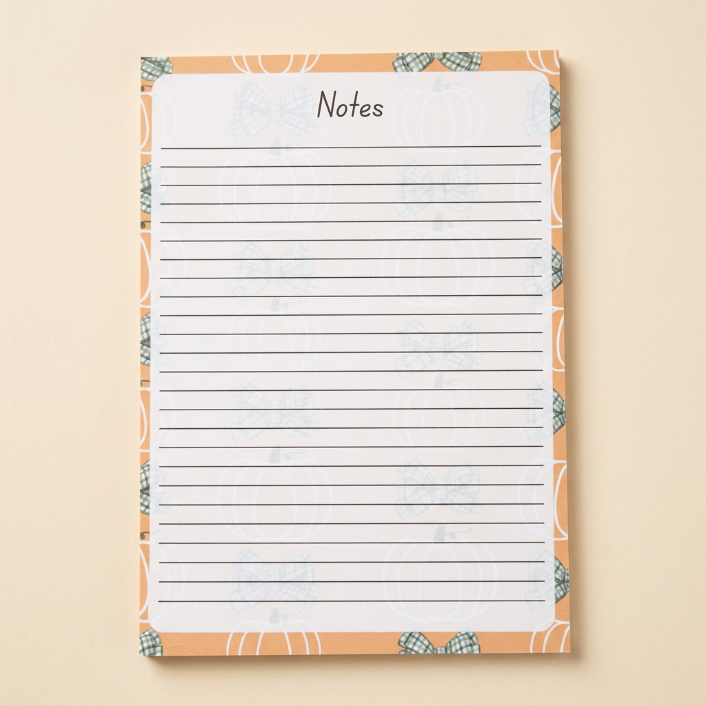 Pumpkins and green bows notepad on a soft cream background