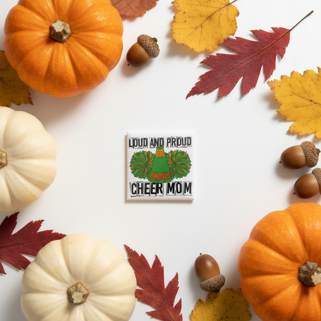 Loud and Proud Cheer Mom magnet flat lay with small pumpkins, dried leaves and acorns on white background