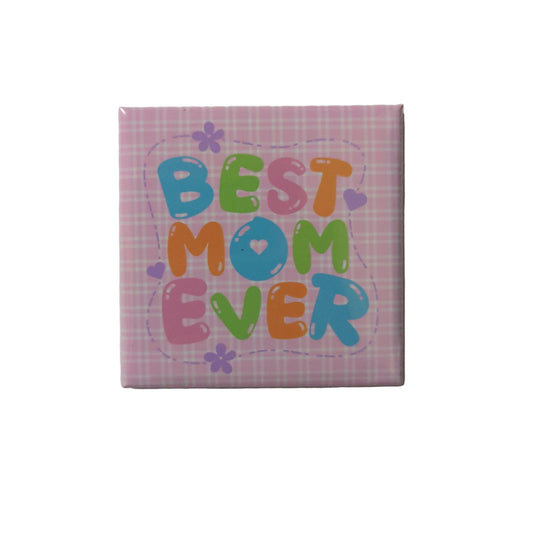 Best Mom Ever – 2x2 Pink Gingham Hearts & Flower Magnet