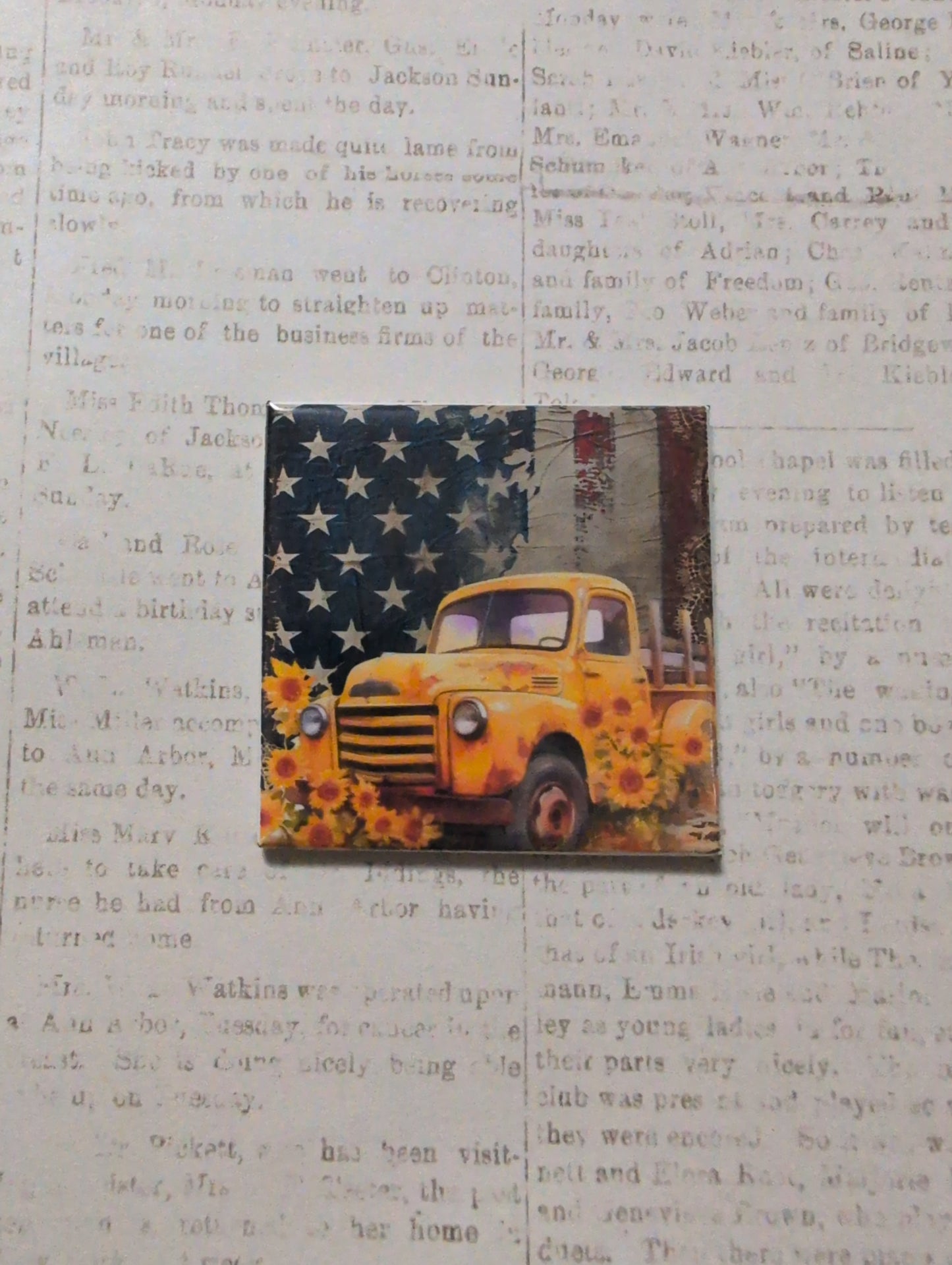 Sunflower Truck American Flag 2x2 Magnet