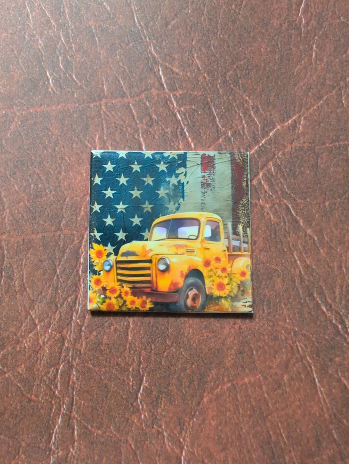 Sunflower Truck American Flag 2x2 Magnet