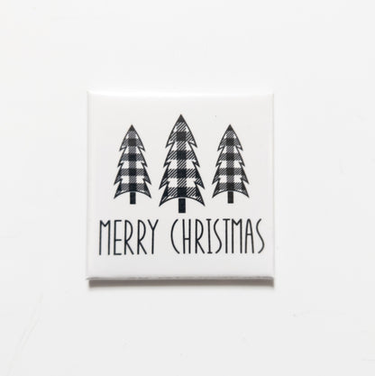 Merry Christmas Black and White Plaid Tree 2x2 Magnet