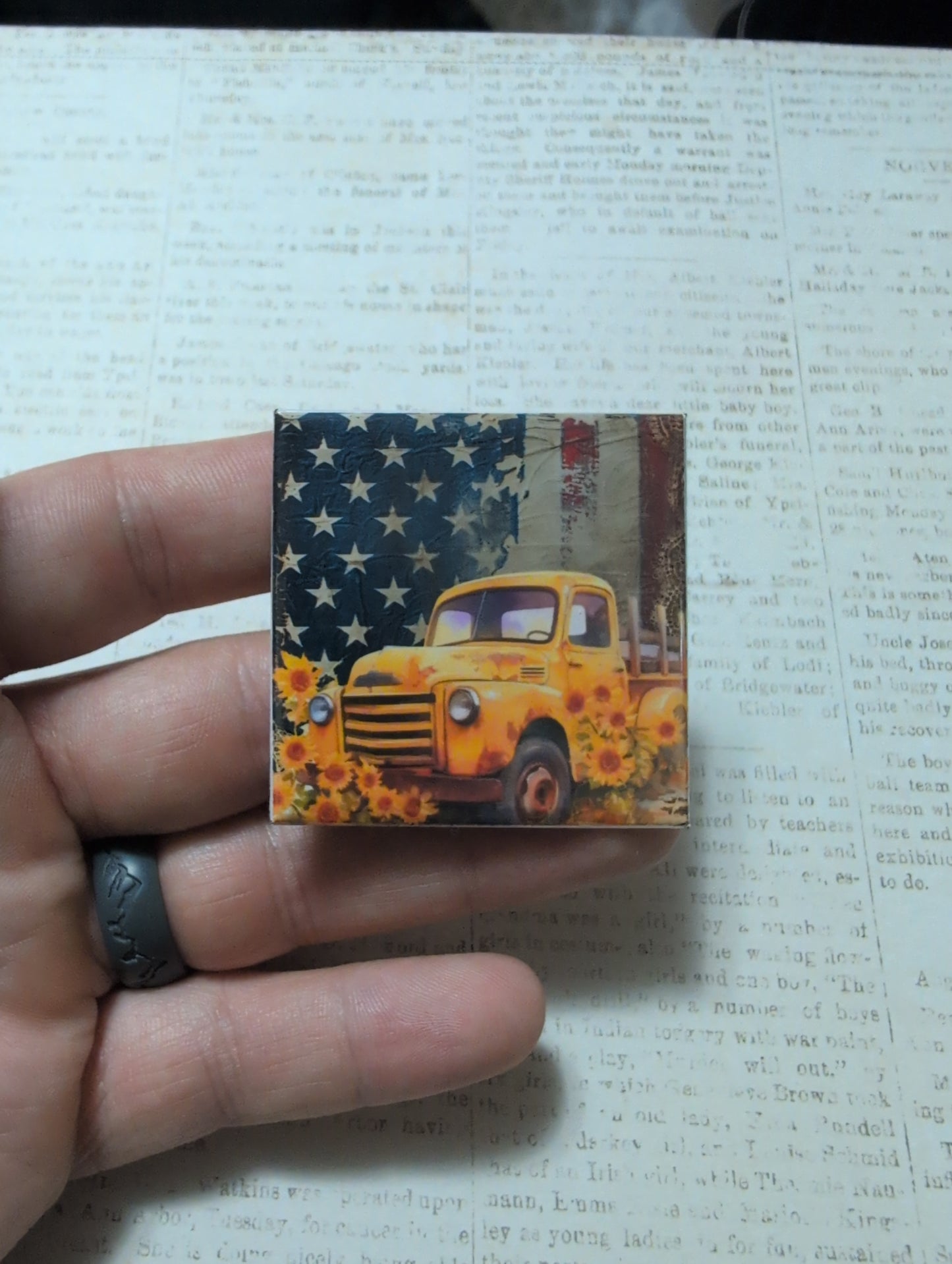 Sunflower Truck American Flag 2x2 Magnet